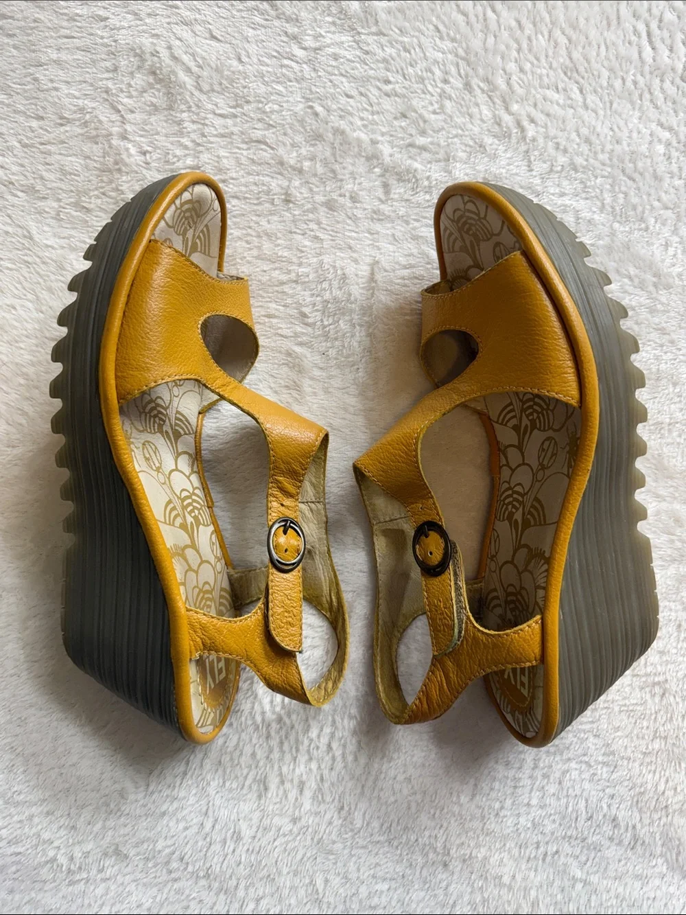 FLY London Yanca Mustard Yellow Leather Wedge Sandals Size US 8.5